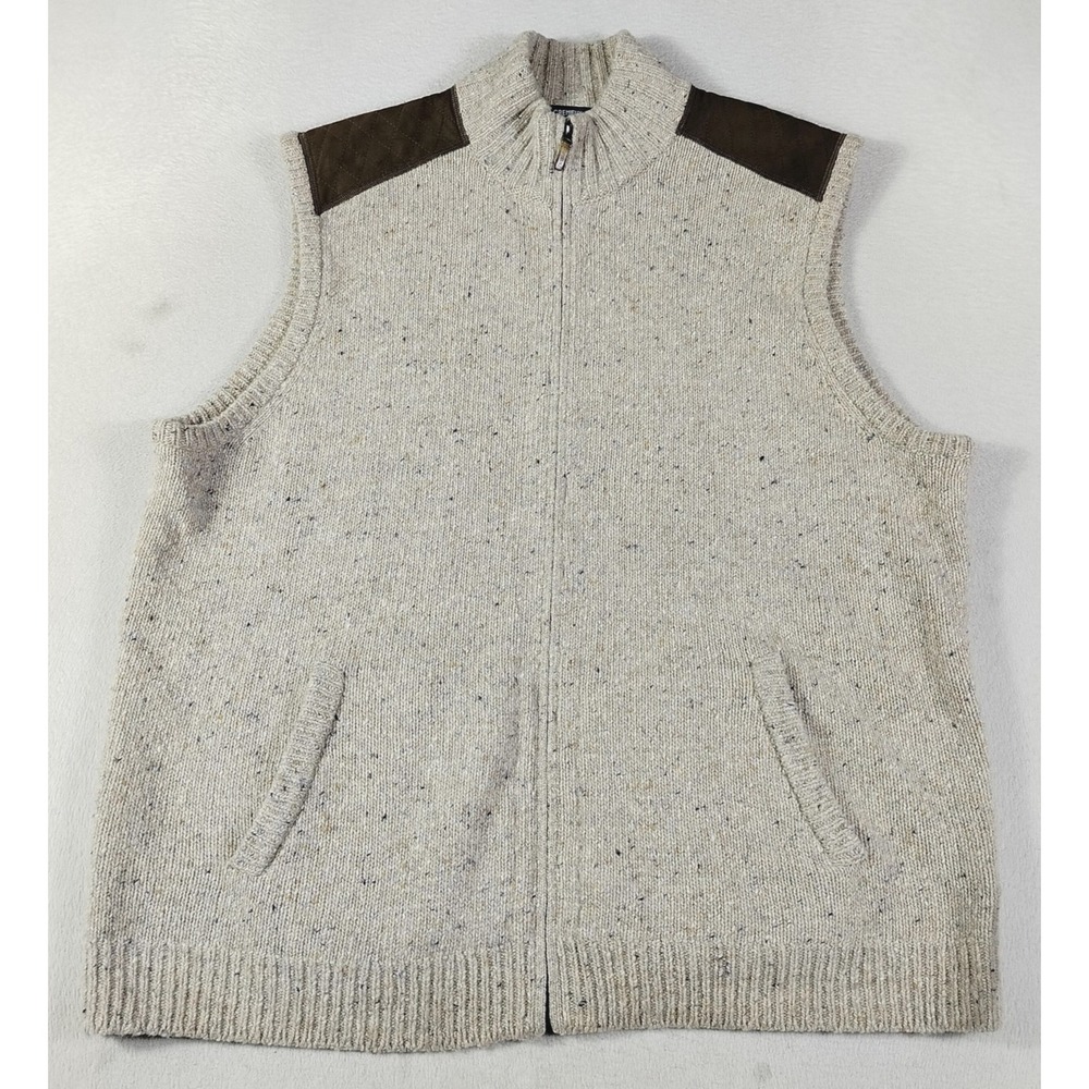 Cremieux Sweater Vest Mens 2XL Beige Full Zip Mock Neck Merino Wool Cabincore